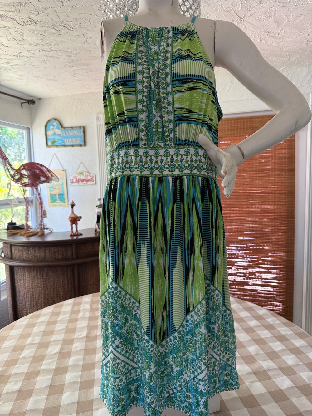 London Times Green & Teal Patterned Halter Dress